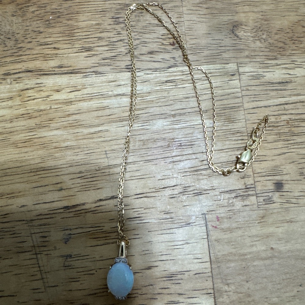18k Gold Played Necklace with Oval Opal Set Between Diamonds